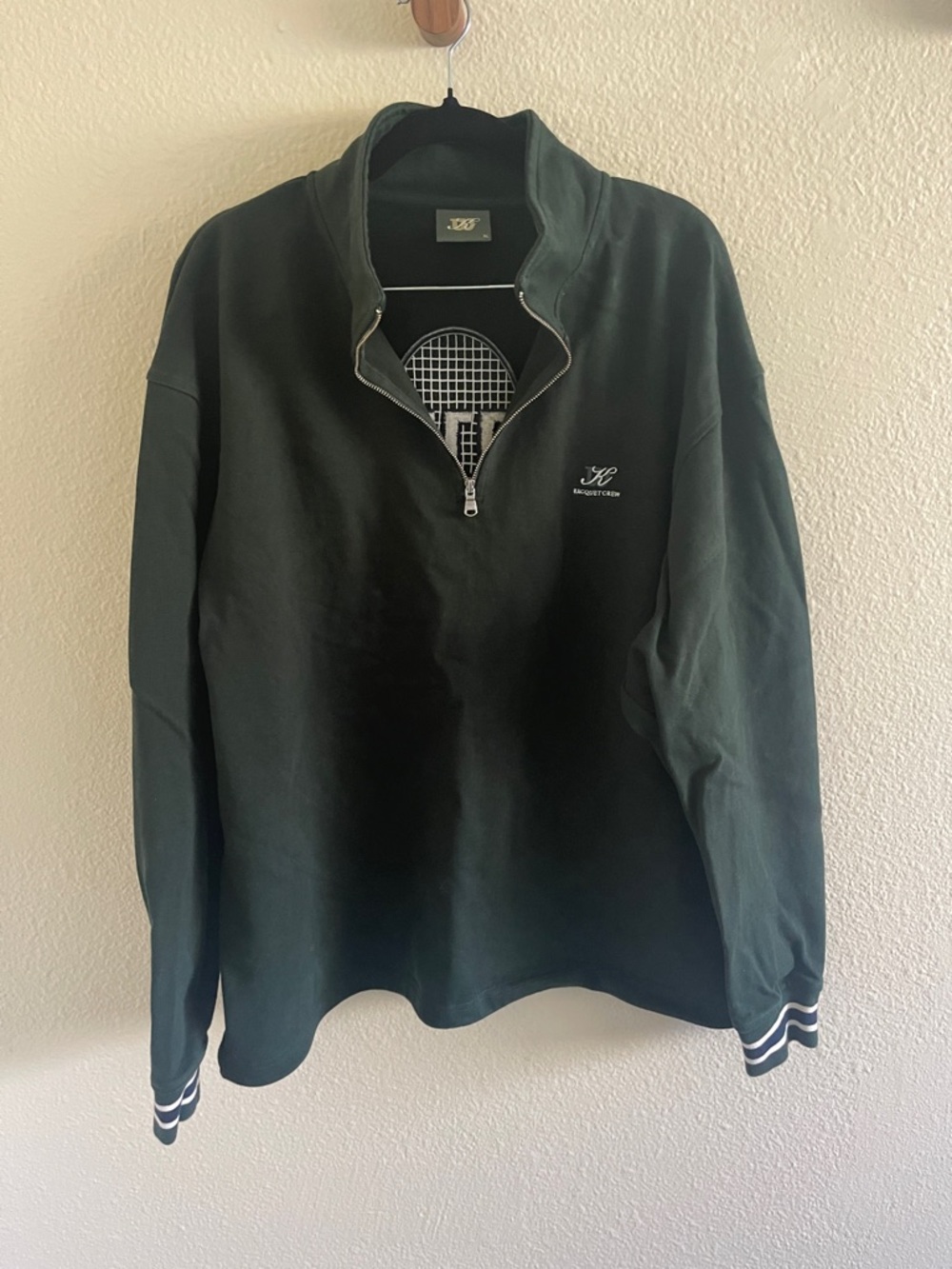 Kith racquet club Men's Forest Green Half-Zip Sweater with Stripe Cuffs